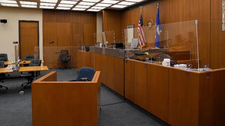 Plexiglass barriers to limit the spread of Covid-19 have been installed in the courtroom at the Hennepin County Government Center.