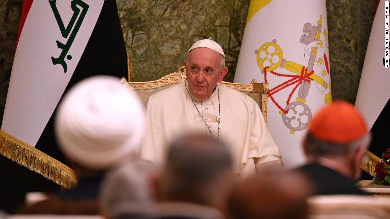 Pope Francis attends a meeting at Iraq&#39;s presidential palace in Baghdad.