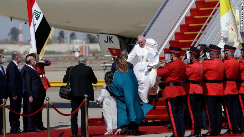 Pope Francis arrives at Baghdad&#39;s international airport, Iraq, Friday, March 5, 2021. 