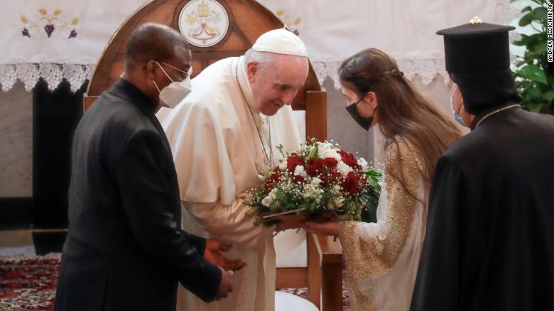 Pope Francis is welcomed upon his arrival at the Sayidat al-Nejat (Our Lady of Salvation) Cathedra.