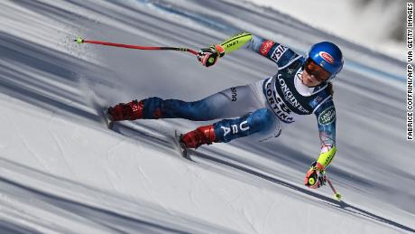 TOPSHOT - American Mikaela Shiffrin competes in the first run of the Wowen&#39;s Alpine combined event on February 15, 2021 at the FIS Alpine World Ski Championships in Cortina d&#39;Ampezzo, Italian Alps. (Photo by Fabrice COFFRINI / AFP) (Photo by FABRICE COFFRINI/AFP via Getty Images)