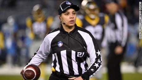 Maia Chaka officiates an Alliance of American Football game in March 2019 in San Diego, California.