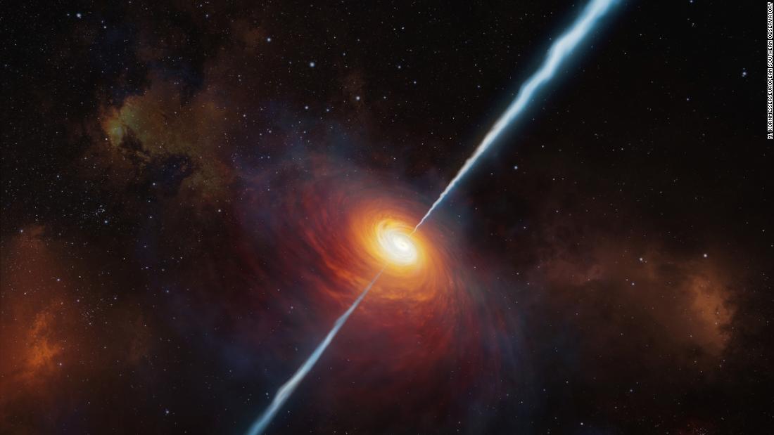 This artist&#39;s impression shows how the distant quasar P172+18 and its radio jets may have looked 13 billion years ago. The light from the quasar has taken that long to reach us, so astronomers observed the quasar as it looked in the early universe.