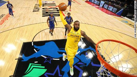 LeBron James dunks the ball during the NBA All-Star Game on March 7, 2021 at State Farm Arena in Atlanta, Georgia. 