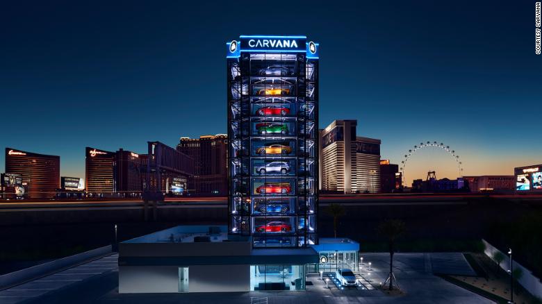 Carvana customers can have their vehicle dispensed out of a "car vending machine" or, in this case, a "car slot machine" in Las Vegas.