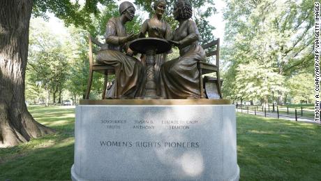 TOPSHOT - The unveiling of the statue of women's rights pioneers Susan B. Anthony, Elizabeth Cady Stanton and Sojourner Truth is seen in Central Park in New York on August 26, 2020, marking the park's first statue of real-life women. (Photo by TIMOTHY A. CLARY / AFP) (Photo by TIMOTHY A. CLARY/AFP via Getty Images)