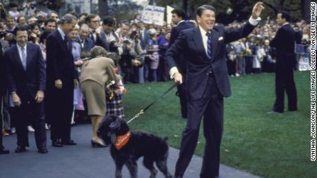 President Ronald Reagan with his dog Lucky as he and first lady Nancy Reagan prepared for a trip to Geneva on November 1, 1985.