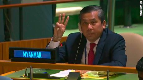 In this image made from UNTV video, Myanmar&#39;s UN ambassador Kyaw Moe Tun, speaks in the UN General Assembly on Friday, Feb. 25, 2021. 