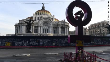 Fences protect the Bellas Artes museum ahead of a demonstration as part of the International Women&#39;s Day on March 8, 2021 in Mexico City, Mexico