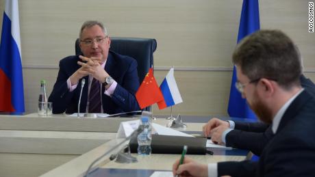 Dmitry Rogozin, Director-General of Russian space agency Roscosmos, during the joint signing of a memorandum of understanding with the China National Space Administration on March 9, 2021.