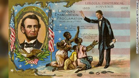 A commemorative 1909 poster for the 100th anniversary of  Lincoln&#39;s birth. It depicts Lincoln freeing slaves with the Emancipation Proclamation. 