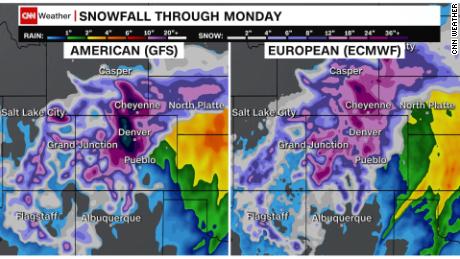 Une comparaison des modèles météorologiques américains (GFS) et européens (ECMWF) & # 39;  prévisions de neige pour ce week-end dans les Rocheuses.
