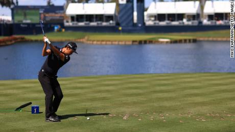 Na plays his shot from the 17th tee during the first round of THE PLAYERS Championship.