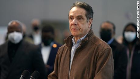 NEW YORK, NEW YORK - MARCH 08: New York Gov. Andrew Cuomo speaks at a vaccination site at the Jacob K. Javits Convention Center on March 8, 2021 in New York City. Cuomo has been called to resign from his position after allegations of sexual misconduct were brought against him. (Photo by Seth Wenig-Pool/Getty Images)