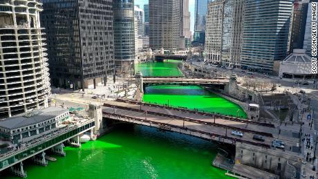 An aerial picture shot with a drone shows the Chicago River as it flows through downtown after it was dyed green in celebration of St. Patrick&#39;s Day.
