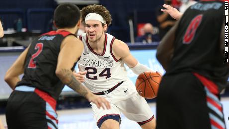 Corey Kispert #24 of the Gonzaga Bulldogs drives against the Loyola Marymount Lions in the second half at McCarthey Athletic Center on February 27, 2021, in Spokane, Washington. 