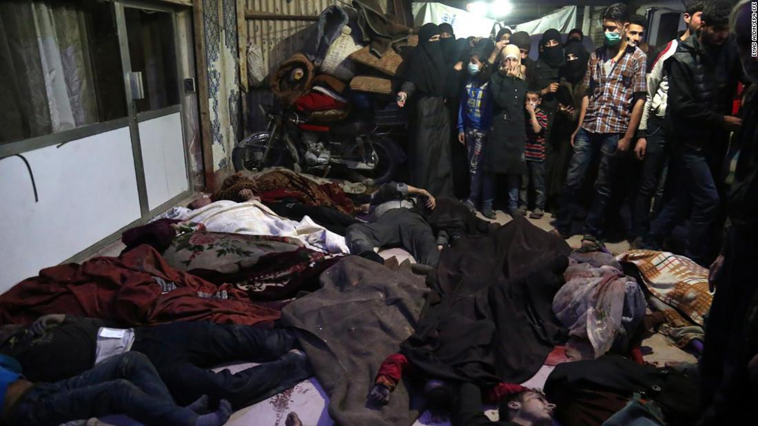 Bodies lie on the ground in the rebel-held city of Douma, Syria, on April 8, 2018. &lt;a href=&quot;https://www.cnn.com/2018/04/11/middleeast/syria-chemical-attack-500-affected-who-intl/index.html&quot; target=&quot;_blank&quot;&gt;According to activist groups,&lt;/a&gt; helicopters dropped barrel bombs filled with toxic gas on Douma, which has been the focus of a renewed government offensive that launched in mid-February. The Syrian government and its key ally, Russia, vehemently denied involvement and accused rebel groups of fabricating the attack to hinder the army&#39;s advances and provoke international military intervention.
