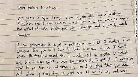 A man with autism asks future employers to &#39;take a chance on me&#39; in a heartfelt, handwritten viral letter 