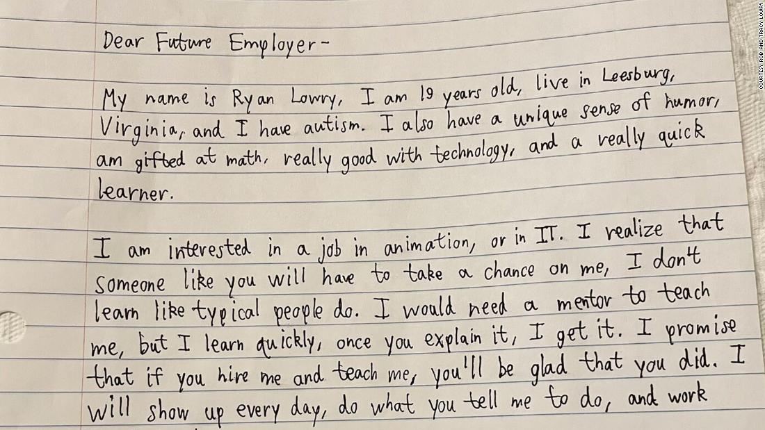 A man with autism asks future employers to 'take a chance on me' in a heartfelt, handwritten viral letter