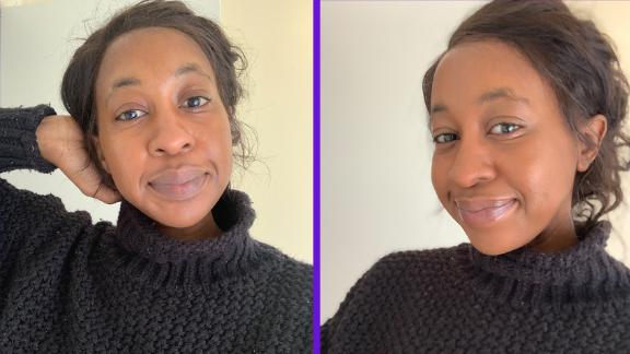 Before and after of Natasha Hatendi trying the foundation in shade Copper
