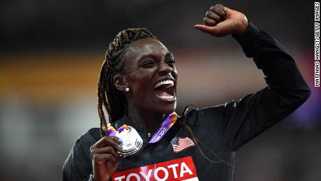 Dawn Harper-Nelson poses with her silver medal at the 2017 World Athletics Championships.