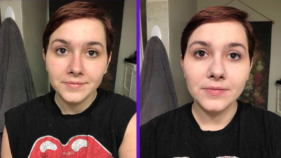 Before and after of Delaney Strunk trying the foundation in shade Porcelain