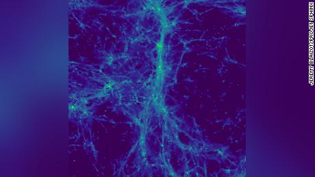 This is a cosmological simulation of the distant universe. The image shows the light emitted by hydrogen atoms in the cosmic web in a region roughly 15 million light-years across. A number of point sources can be seen: These are galaxies in the process of forming their first stars. 