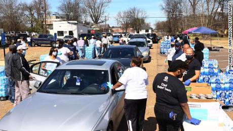 Volunteers at a water and food drive held by College Hill Baptist Church and the World Central Kitchen on March 7 in Jackson, Mississippi. 