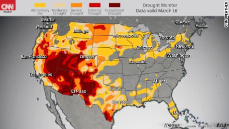 Current drought monitor, as of March 16, highlights widespread drought in the western US. The darkest shading resembles exceptional drought, the most significant category on the drought monitor. 