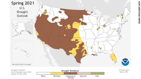 The spring drought outlook predicts the drought to persist across much of the West with an expansion into parts of the Plains and the Florida Peninsula.