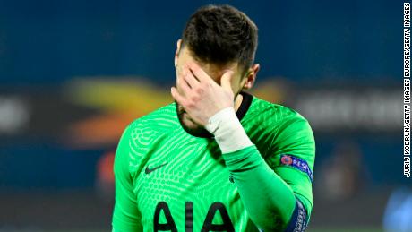 Hugo Lloris reacts after Tottenham&#39;s shock defeat by Dinamo Zagreb in the Europa League.