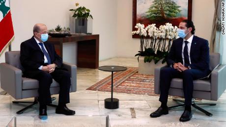 President Michel Aoun (left) meets Prime Minister-designate Saad Hariri at the presidential palace on March 18. 