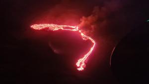 Iceland has reported a volcanic eruption on the south-west Reykjanes Peninsula, the Icelandic Meteorological Office (IMO) tweeted Friday.
The first photo of the eruption was taken from the Coast Guard helicopter. The eruption is on a 200 m long fissure. Narrow tongue flows into SSV and other tongue to the west according to initial information.