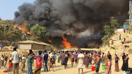 Flames engulf a Rohingya refugee camp in Cox&#39;s Bazar, Bagladesh on Monday. 