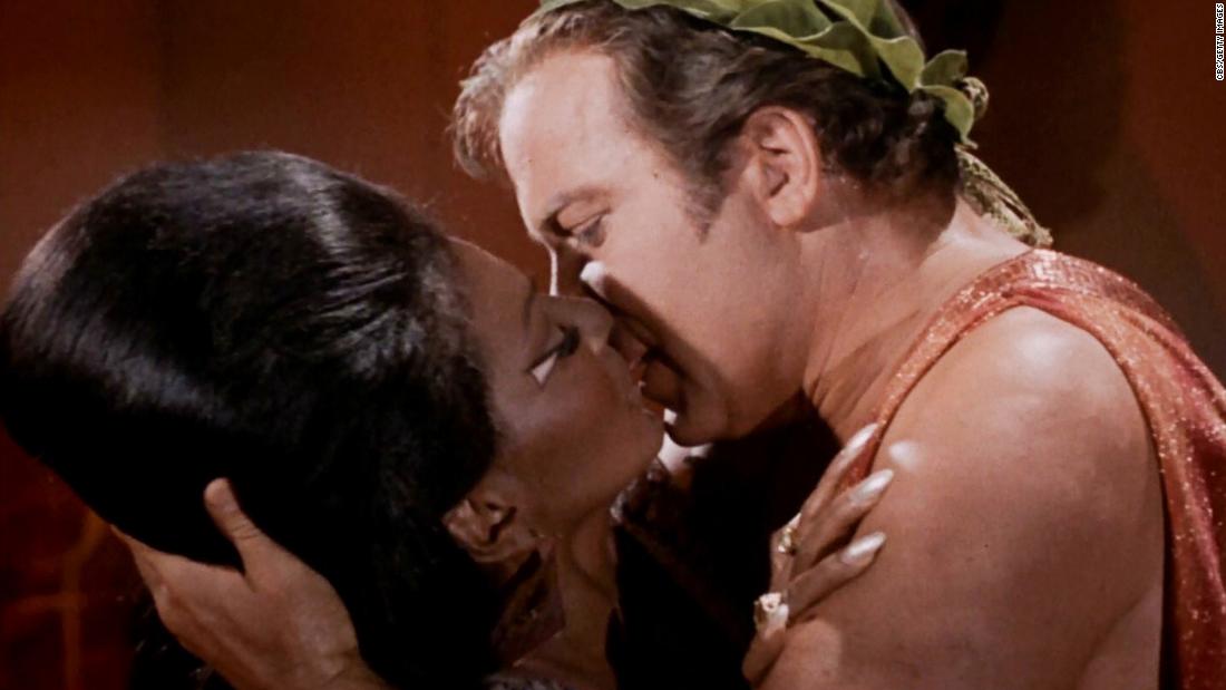 Shatner kisses Nichelle Nichols during the &quot;Star Trek&quot; episode &quot;Plato&#39;s Stepchildren&quot; in 1968. It is often credited as&lt;a href=&quot;https://www.cnn.com/2015/11/20/world/first-interracial-kiss-on-tv/index.html&quot; target=&quot;_blank&quot;&gt; the first interracial kiss on American television.&lt;/a&gt;