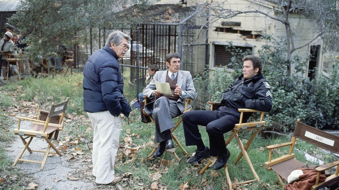 Shatner sits with &quot;Star Trek&quot; co-star Leonard Nimoy while filming the show &quot;T.J. Hooker&quot; in 1982. The police drama ran from 1982-1986.