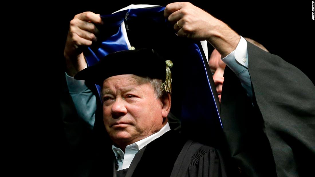 Shatner receives an honorary degree at the New England Institute of Technology in 2018. He was delivering the commencement address for that year&#39;s graduating class.