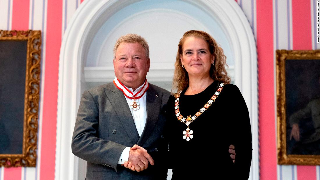 Shatner is invested as an Officer of the Order of Canada by Governor General Julie Payette in 2019.