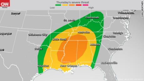 Severe weather outlook from the Storm Prediction Center Thursday through Thursday evening