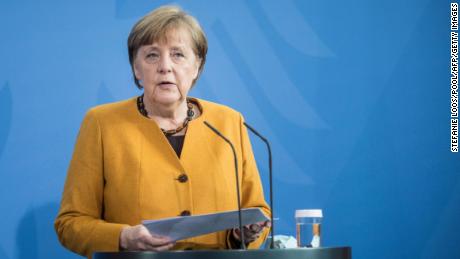 German Chancellor Angela Merkel gives a statement following talks via video conference with Germany&#39;s state premiers, at the Chancellery in Berlin on March 24, 2021. - Merkel reversed a planned strict Easter shutdown, amid massive criticism of the government&#39;s pandemic management. (Photo by Stefanie LOOS / various sources / AFP) (Photo by STEFANIE LOOS/POOL/AFP via Getty Images)