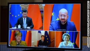 Chinese President Xi Jinping, European Council President Charles Michel, European Commission President Ursula von der Leyen, French President Emmanuel Macron and German Chancellor Angela Merkel (clockwise from top left)  during a video conference on the China-EU pact in December 2020.