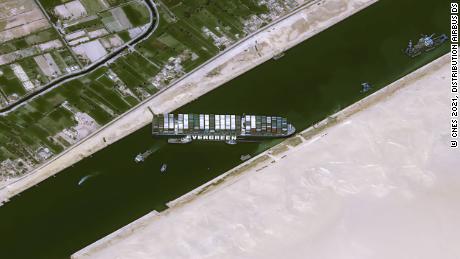 This satellite image, taken on March 25, shows the Suez Canal blocked by the ship Ever Given after it ran aground.