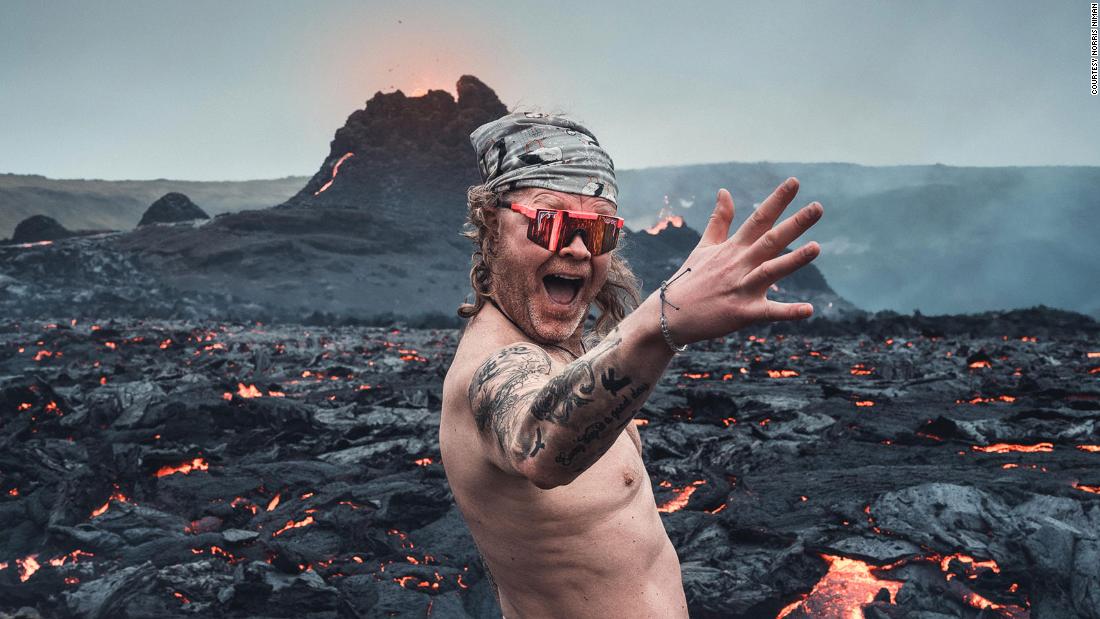 Icelandic man naked next to erupting volcano