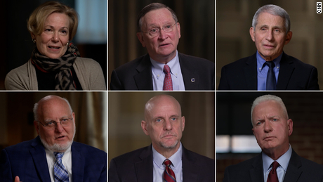 Dr. Deborah Birx, left, Dr. Robert Kadlec, Dr. Anthony Fauci, Dr. Robert Redfield, Dr. Stephen Hahn and Dr. Brett Giroir spoke with Dr. Sanjay Gupta for &quot;COVID WAR: The Pandemic Doctors Speak Out,&quot; which airs at 9 p.m. Sunday, March 28, on CNN.