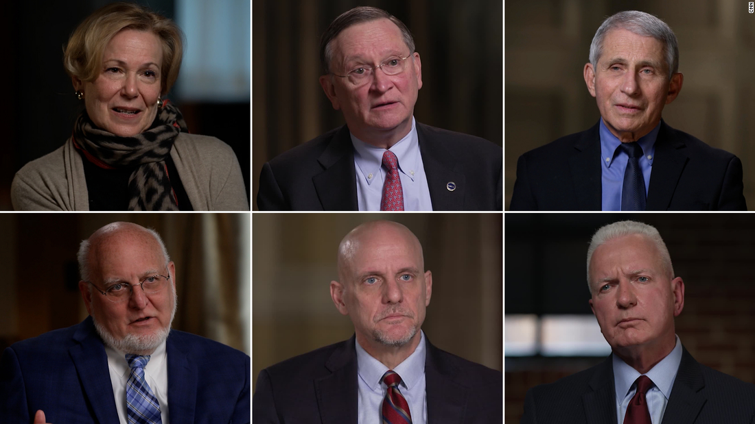Dr. Deborah Birx, left, Dr. Robert Kadlec, Dr. Anthony Fauci, Dr. Robert Redfield, Dr. Stephen Hahn and Dr. Brett Giroir spoke with Dr. Sanjay Gupta for "COVID WAR: The Pandemic Doctors Speak Out," which airs at 9 p.m. Sunday, March 28, on CNN.