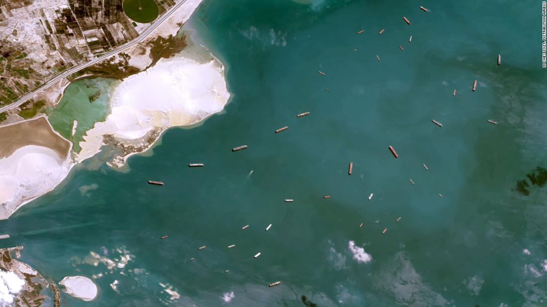 Ships wait in Egypt&#39;s Great Bitter Lake on Thursday.