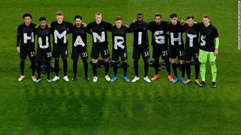 Germany players protest against the 2022 World Cup to be held in Qatar before a qualifying match. 