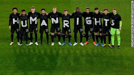 Germany players protest against the 2022 World Cup to be held in Qatar before a qualifying match. 
