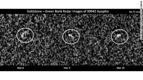 These images show radar observations of the asteroid Apophis on March 8, 9 and 10, 2021, as it made its last close approach of Earth until 2029.