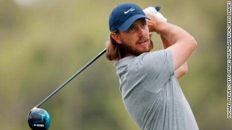Tommy Fleetwood of England plays his shot on the third tee in his match against Dylan Frittelli of South Africa during the fourth round of the World Golf Championships-Dell Technologies Match Play at Austin Country Club on March 27, 2021 in Austin, Texas.